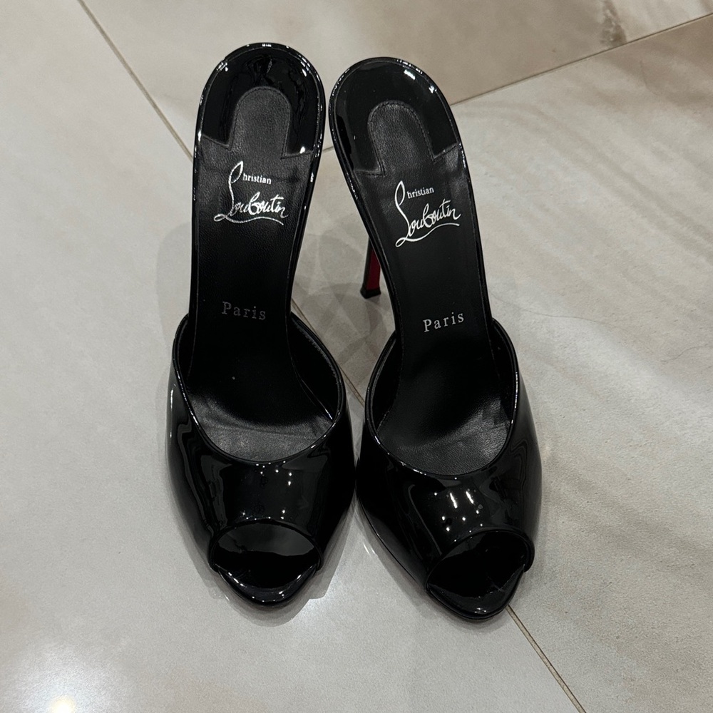 Christian Louboutin Black Dolly Patent Leather Peep-Toe Slip-On Heels